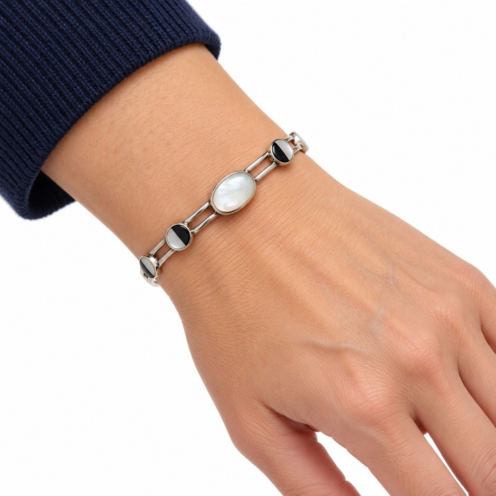 925 Sterling Silver Mother of Pearl Onyx Inlay Moon Phase Cuff Bracelet